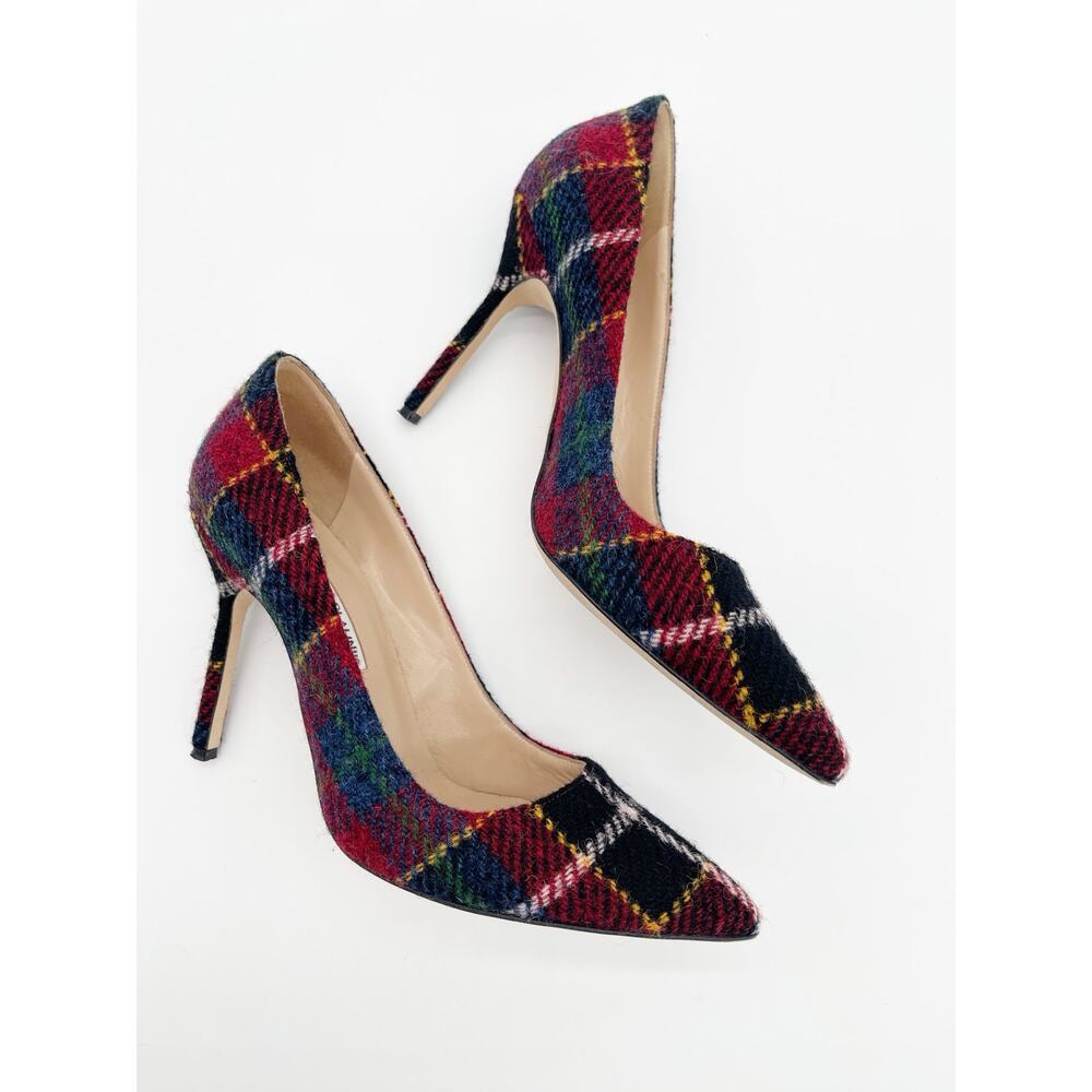 Manolo Blahnik BB Check Plaid Tartan Wool Pointed Toe Stiletto Heels IT 38.5 - Picture 4 of 12